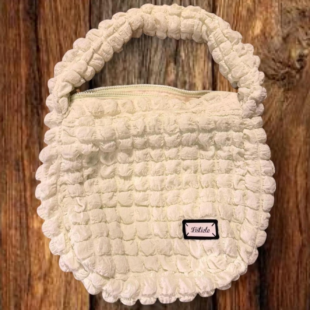 Listicle Womens Hobo Bag Pale Yellow White Cloud Bubble Quilt Popcorn Small